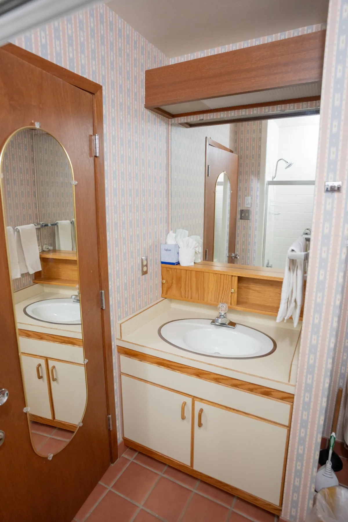This bathroom features a sink with a large mirror, wood cabinetry, and a tidy towel rack, evoking a sense of functionality and comfort. The space is well-lit and thoughtfully arranged for personal routines.